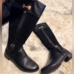 Women's Over-the-Knee Black Leather & Suede Boots with Gold Buckle